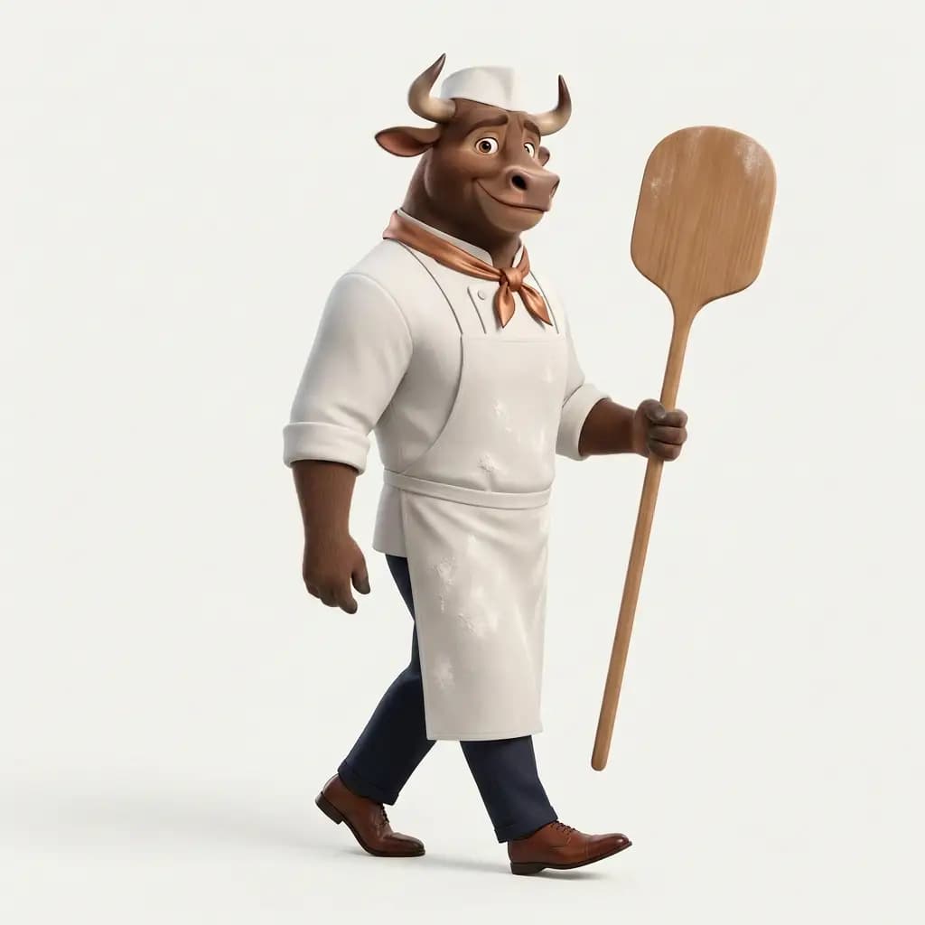 Mr Bull dressed as a pizzaiolo with an apron and chef's hat
